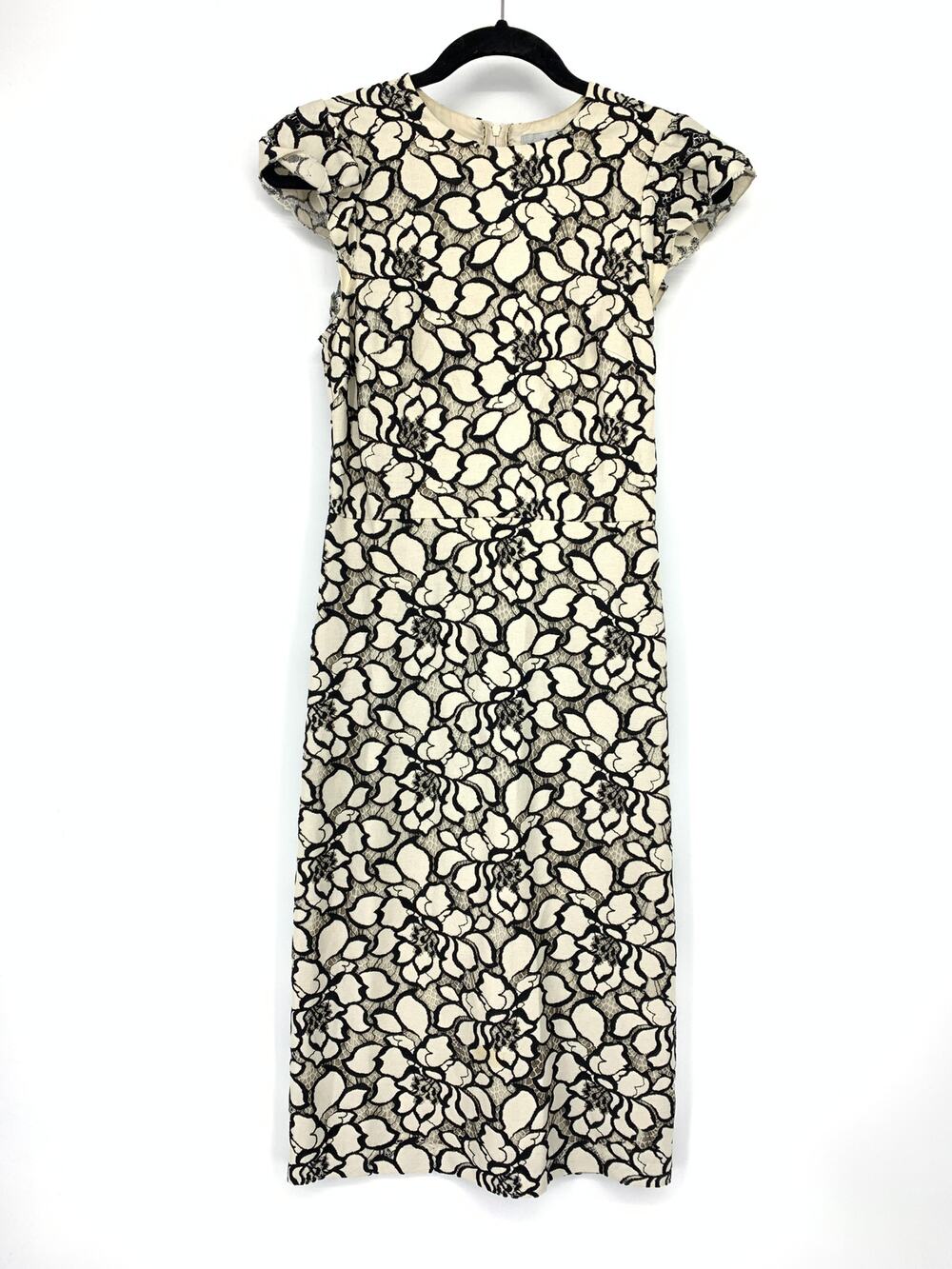 H&M Cap Sleeve Lace Sheath Dress Womens Size 4 Cream Black Floral Design